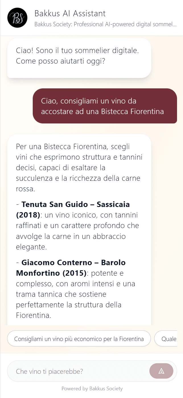 Sommelier AI - interfaccia di raccomandazione vini